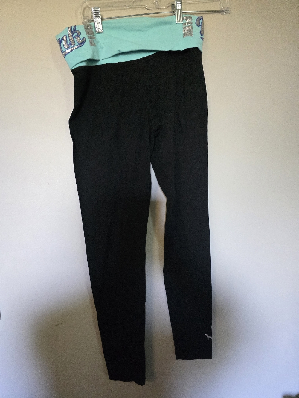 PINK Victoria's Secret Black Leggings With Blue Waistband and Silver Logo, Y2K B